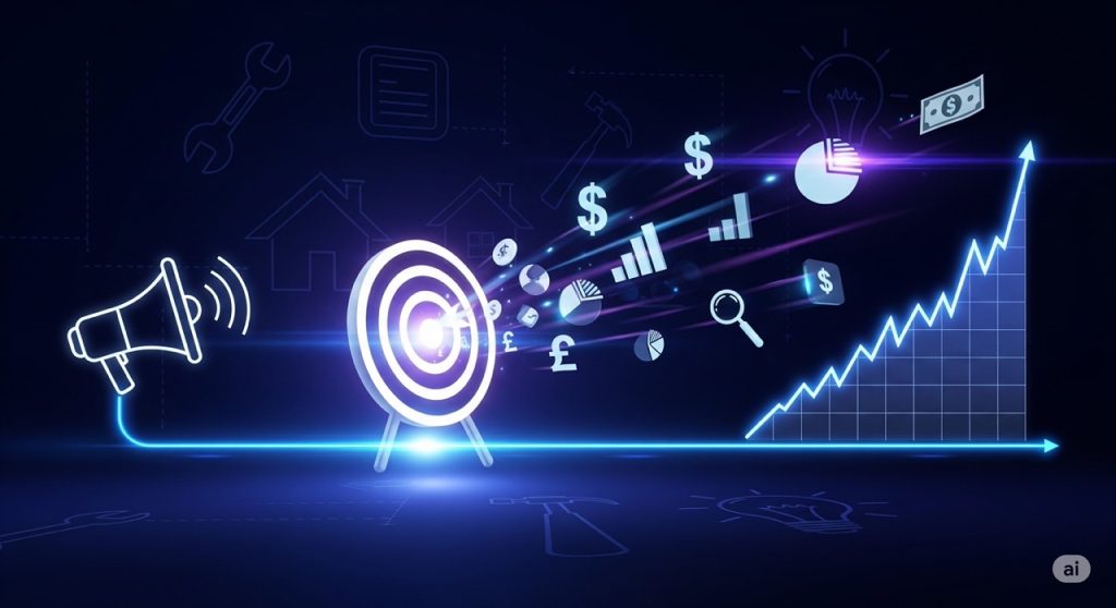 PPC Advertising Services A futuristic and modern conceptual image for PPC advertising. A glowing target icon is in the center, with various digital marketing icons, like money and a megaphone, flying towards it. The background features subtle icons of home service tools, conveying a focused and results-driven approach.