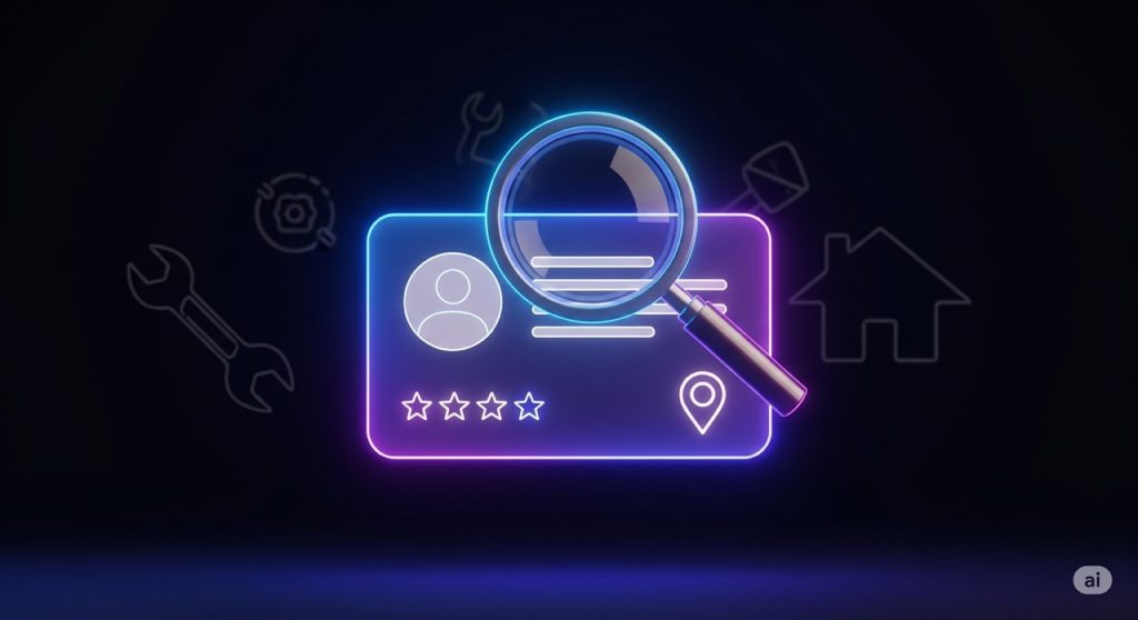 Google Business Profile Optimization A futuristic and modern conceptual image for Google Business Profile optimization. A glowing business profile card with a star rating and location pin is the central focus, with a magnifying glass hovering over it. The dark background features subtle icons of home service tools, suggesting a focused approach to improving a business's online presence.