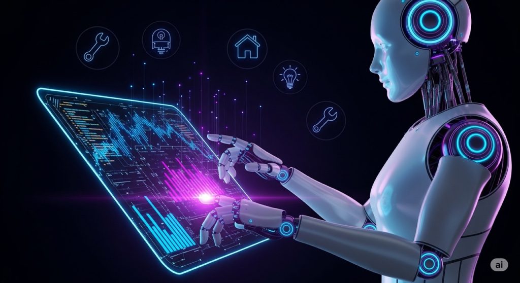 AI Automation for Home Services A futuristic and modern conceptual image for AI automation. A sleek, stylized robot with neon accents interacts with a glowing digital interface displaying data and code. The dark background features subtle icons of home service tools, conveying the use of AI to automate tasks for the home service industry.