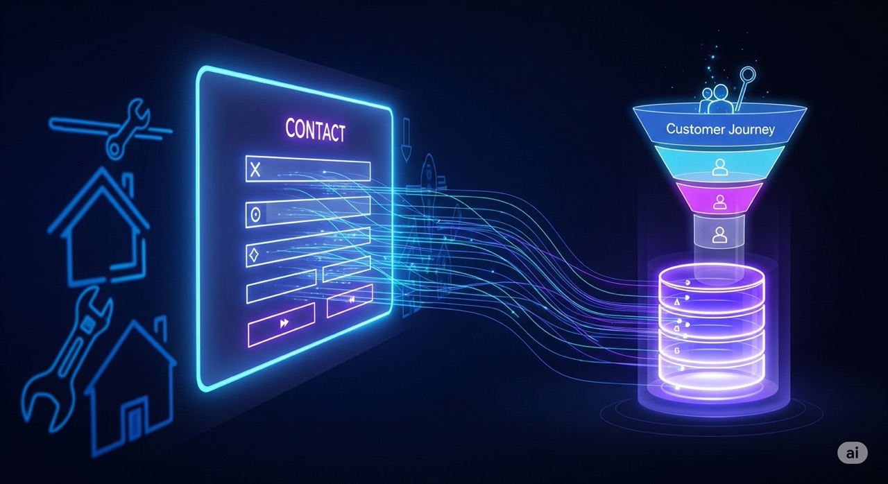 Lead Capture and CRM Automation A futuristic and modern conceptual image for a lead capture and CRM automation service. A glowing contact form and a customer journey funnel are connected to a glowing database icon by lines of light, with the dark background featuring subtle icons of home service tools.