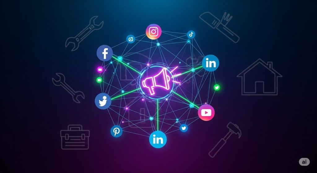 Social Media Marketing Services A futuristic and modern conceptual image for social media marketing. The image features a network of glowing social media icons, like Facebook and Instagram, connected by lines of light with a central megaphone icon. The dark background features subtle icons of home service tools, conveying the use of social media to connect with the target audience.