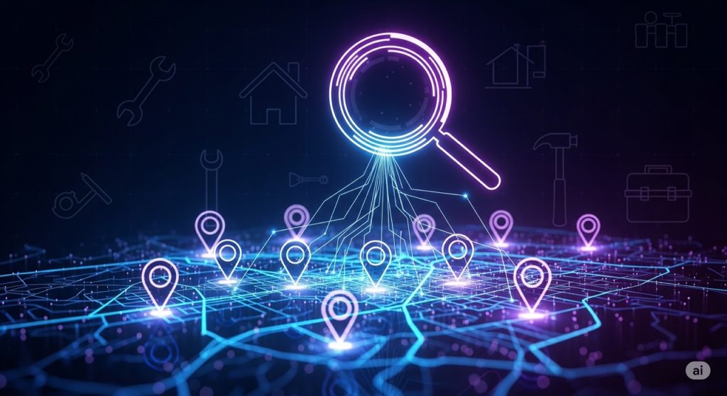 Local SEO Services A futuristic and modern conceptual image for local SEO. The image displays a glowing, stylized map with multiple neon-lit location pins connected by lines of light, with a magnifying glass hovering over them. The background features subtle icons of home service tools, conveying a focus on localized digital marketing.