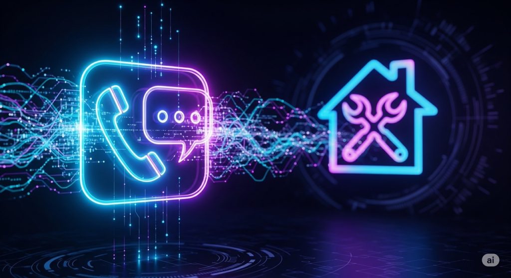 Futuristic Communication for Home Services A futuristic and modern conceptual image for a "reach out to us" section. A large, glowing phone and chat bubble icon are connected to a stylized house and tools icon by lines of light, with a dark, high-tech background and neon blue and purple colors.