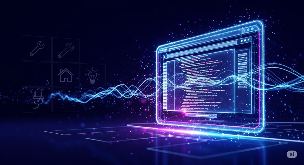 Website Design and Development A futuristic and modern conceptual image of a website interface. The image shows glowing lines of code and abstract shapes in neon blue and purple hues on a dark background. Subtle icons of home service tools are integrated into the design, conveying a high-tech approach to website development for the home service industry.